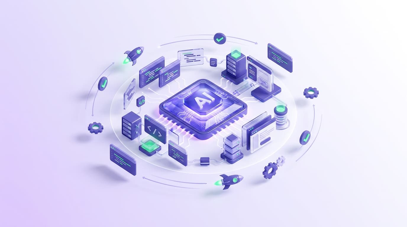 Illustrated Shiplight blog cover: a glossy AI agent chip as the primary builder at the center of a small software-development scene, surrounded by orbiting build elements.