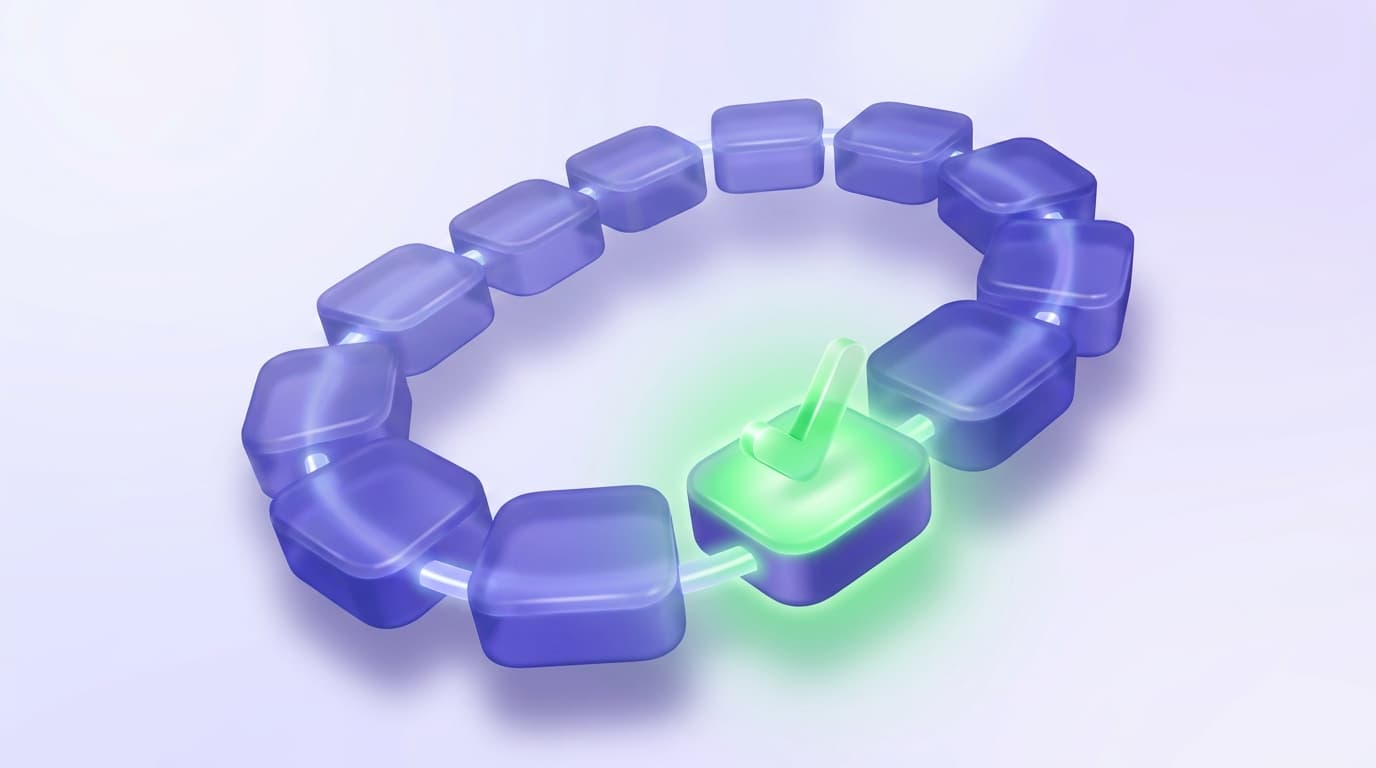 a looping conveyor of glossy development-stage blocks with one green verification stage glowing as the key step.