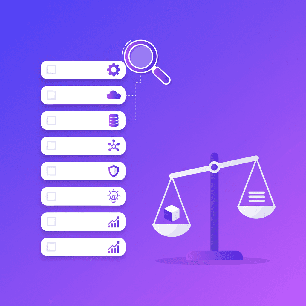 Buyer's guide checklist diagram: 7 evaluation criteria for AI-native E2E testing platforms in 2026 — verification location, readability, self-healing, auth/email, context switching, CI signal, and enterprise readiness