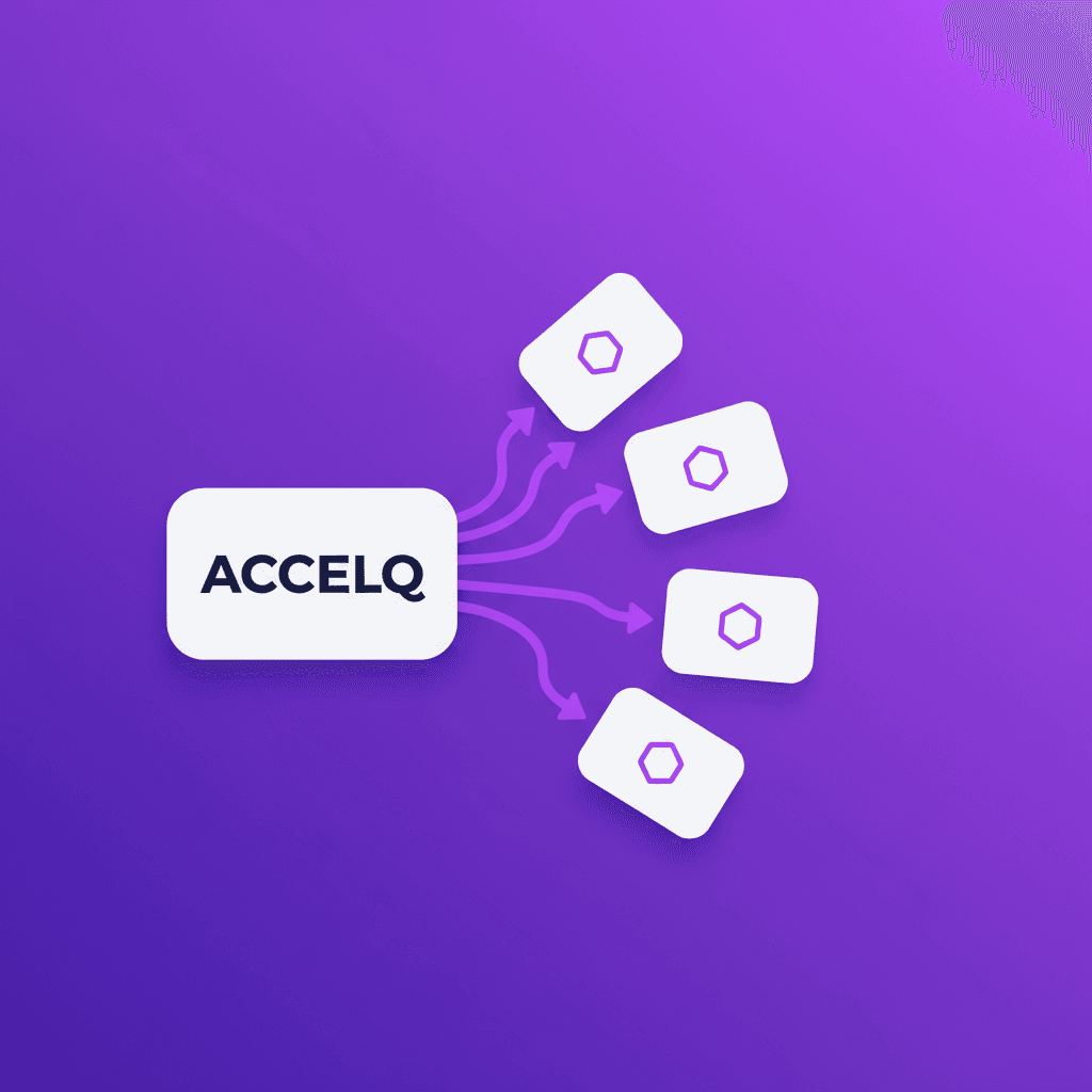 Migration fan-out diagram showing ACCELQ connected to 5 alternative testing tool cards