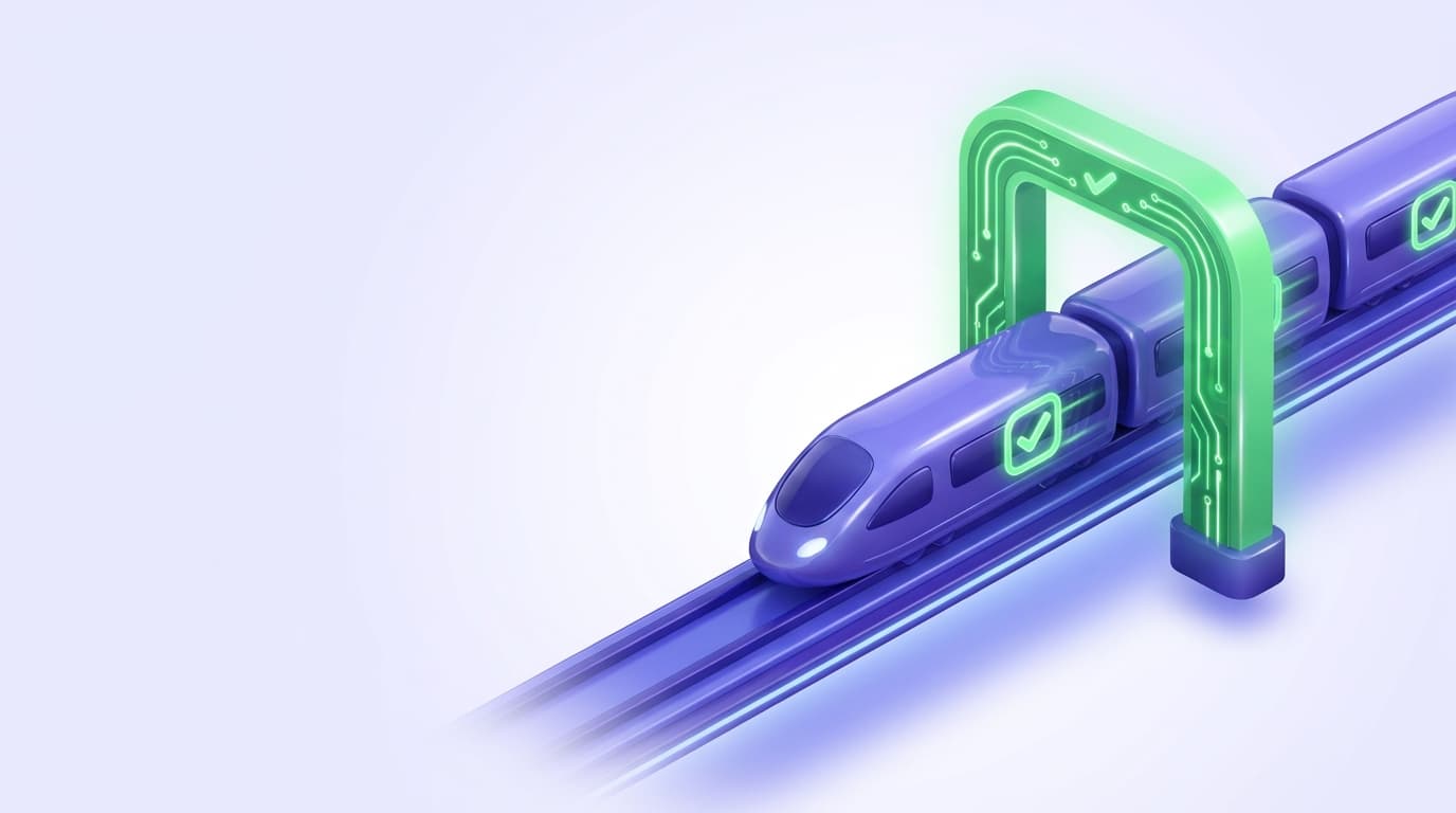 Illustrated Shiplight blog cover: a glossy speeding release train on an indigo track passing through a bright green verification gate that stamps each carriage with a checkmark without slowing.