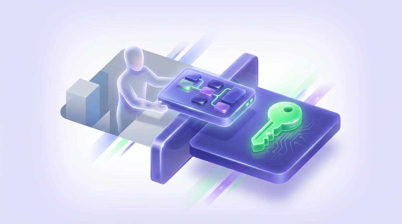 Illustrated Shiplight blog cover: a glossy test suite being handed from an external vendor figure across a divider back into a team's own glowing indigo workspace, a bright green key on the receiving side.