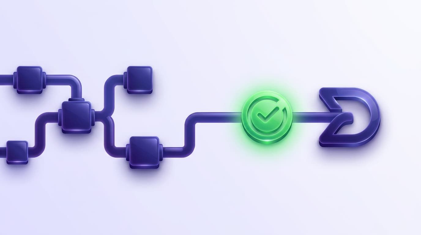 Illustrated Shiplight blog cover: a glossy CI/CD pipeline of connected indigo stages with a prominent bright green verification gate checkpoint before a deploy.