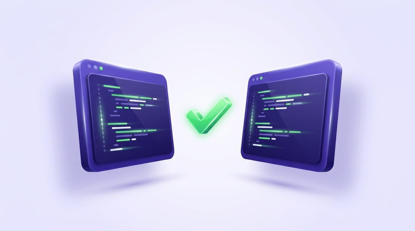 Illustrated Shiplight blog cover: two glossy terminal windows facing each other in balanced head-to-head comparison, each streaming generated code, a bright green verification checkmark floating between them.