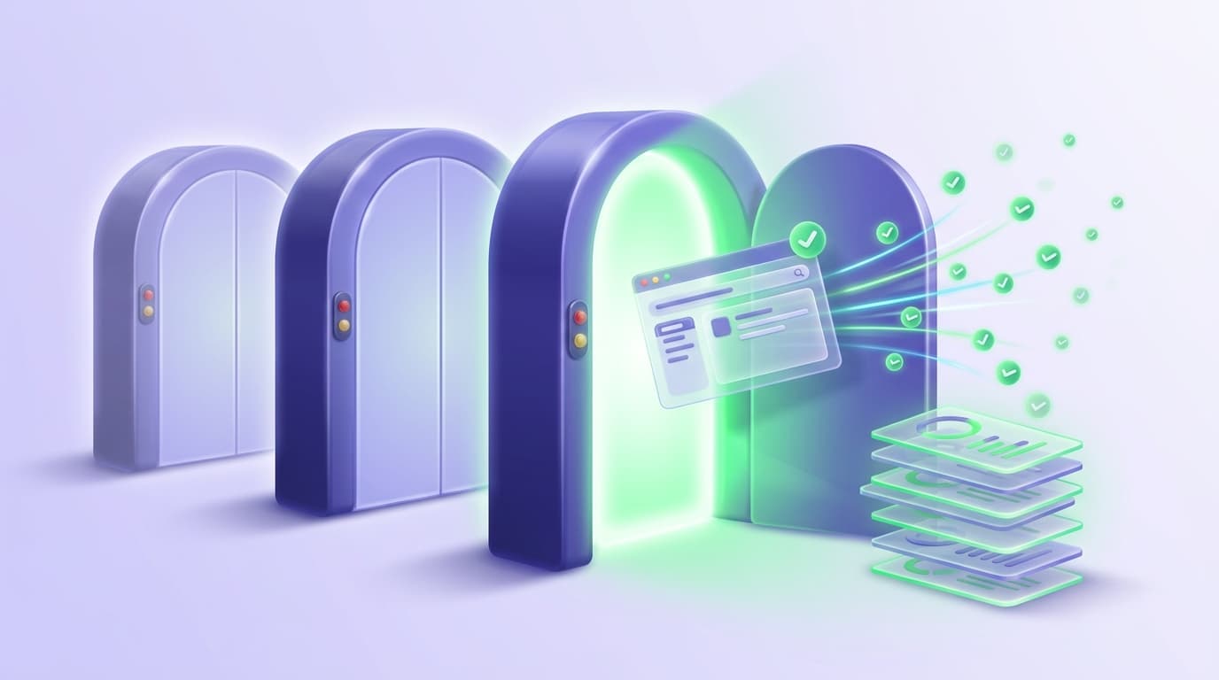 Illustrated Shiplight blog cover: three glossy arched checkpoint gates receding in a row, the first two sealed and pale indigo with small dim status lamps, the third swung open and glowing bright green as a detailed browser window drifts through it trailing thin verification beams, tiny checkmark tokens and layered translucent record cards stacking beside the open gate.