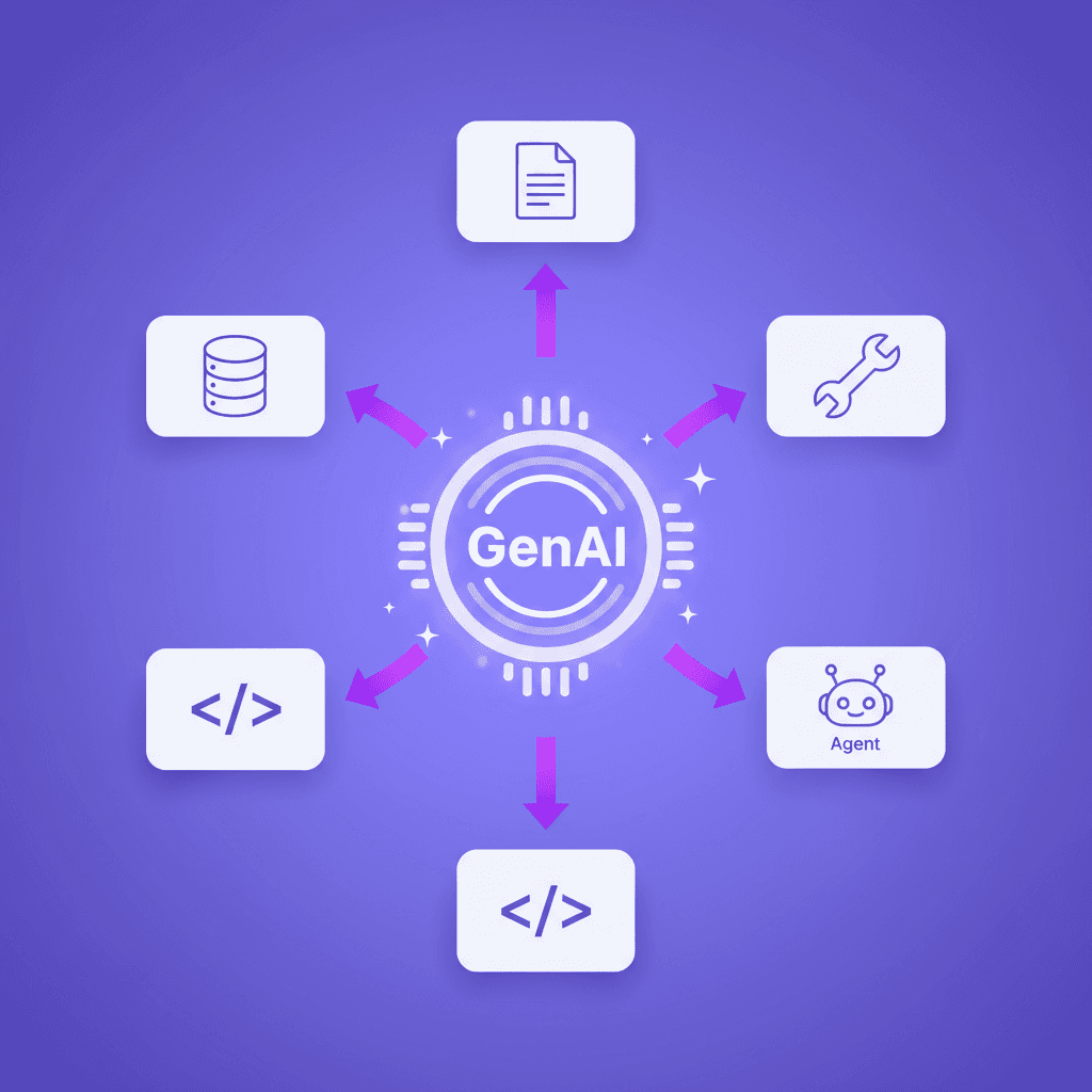 Overview diagram showing the 5 applications of generative AI in software testing: test generation, self-healing, agentic QA, coding agent verification, and test data generation