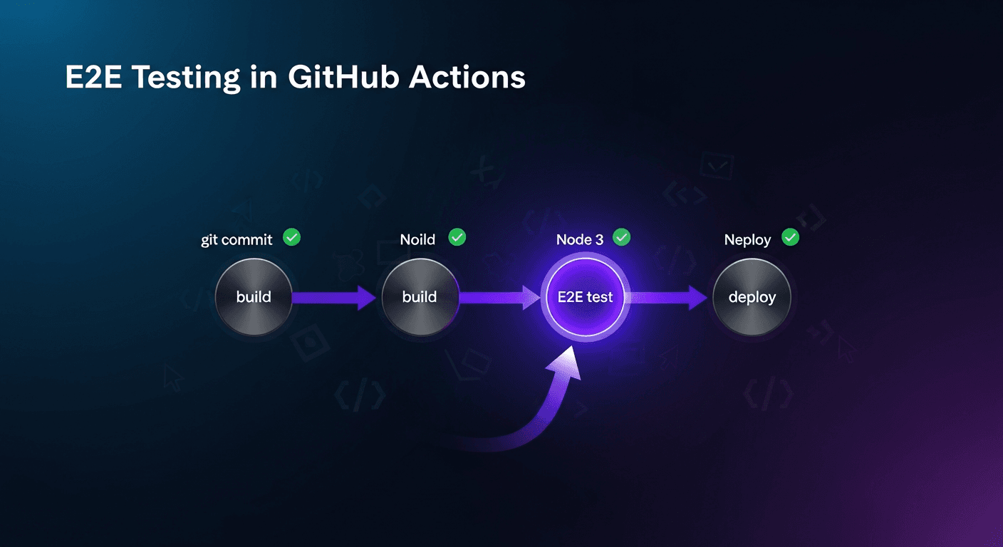 CI/CD pipeline diagram showing Playwright E2E tests running in GitHub Actions with green checkmarks