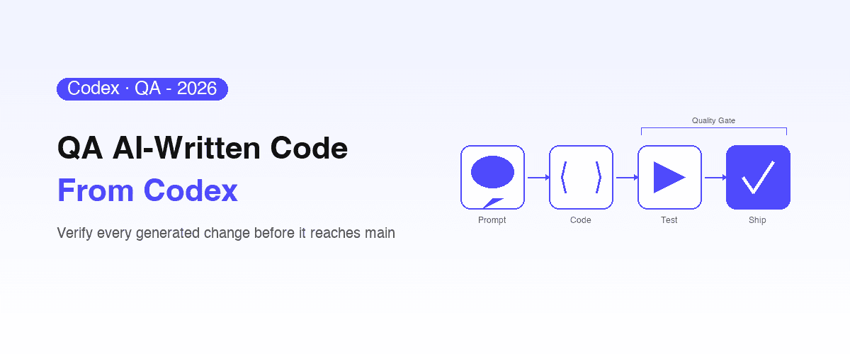 Marketing cover for 'QA AI-Written Code from Codex' with a Shiplight indigo pill badge and left-aligned hero, and on the right a horizontal pipeline of four stages — Prompt → Code → Test → Ship — connected by arrows with a 'Quality Gate' bracket over the final two stages and the Ship tile filled in solid indigo to mark the verified-merge gate