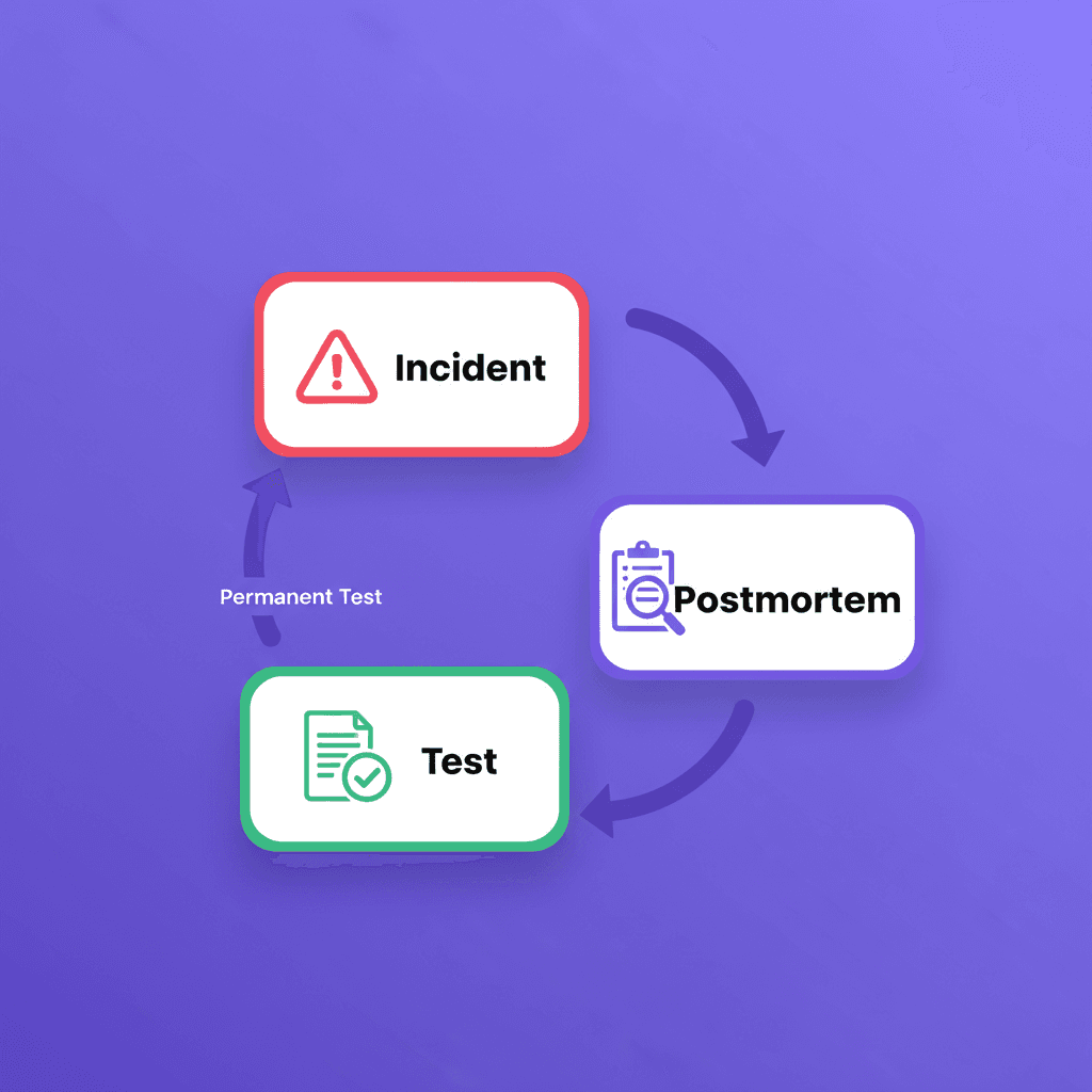 Diagram showing the postmortem-driven E2E testing loop — production incident flows into a postmortem, then into a permanent self-healing regression test that runs in CI