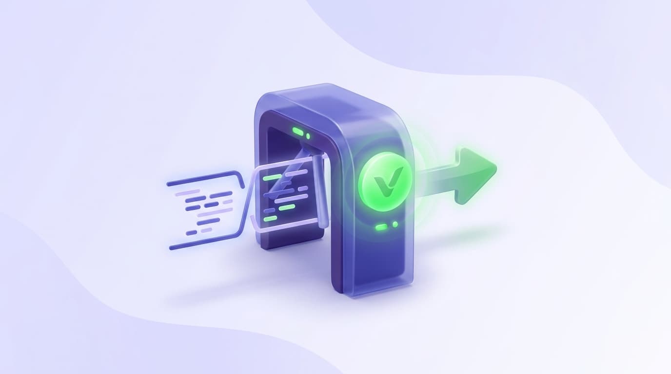 Illustrated Shiplight blog cover: a glossy checkpoint gate on a pull request with a bright green pass verification light.