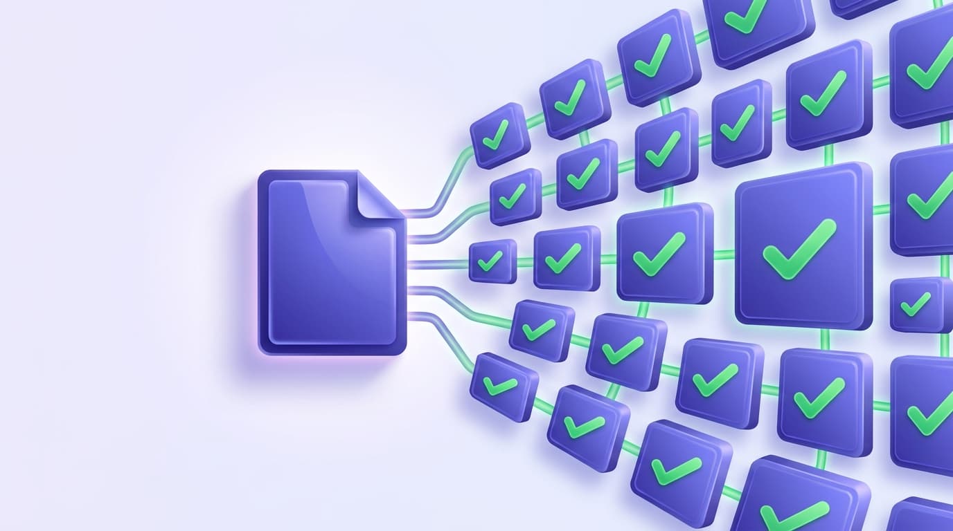 Illustrated Shiplight blog cover: a glossy requirements document expanding outward into a full grid of end-to-end coverage marked with green checkmarks.