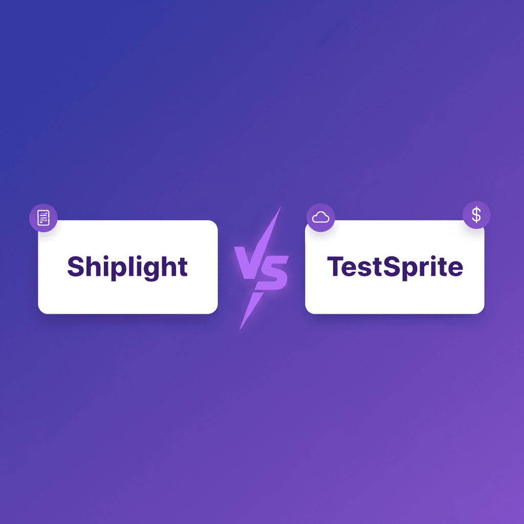 Side-by-side comparison diagram of Shiplight and TestSprite — showing the three core differences: test ownership (YAML in git vs vendor cloud), pricing model (platform vs credits), and enterprise readiness