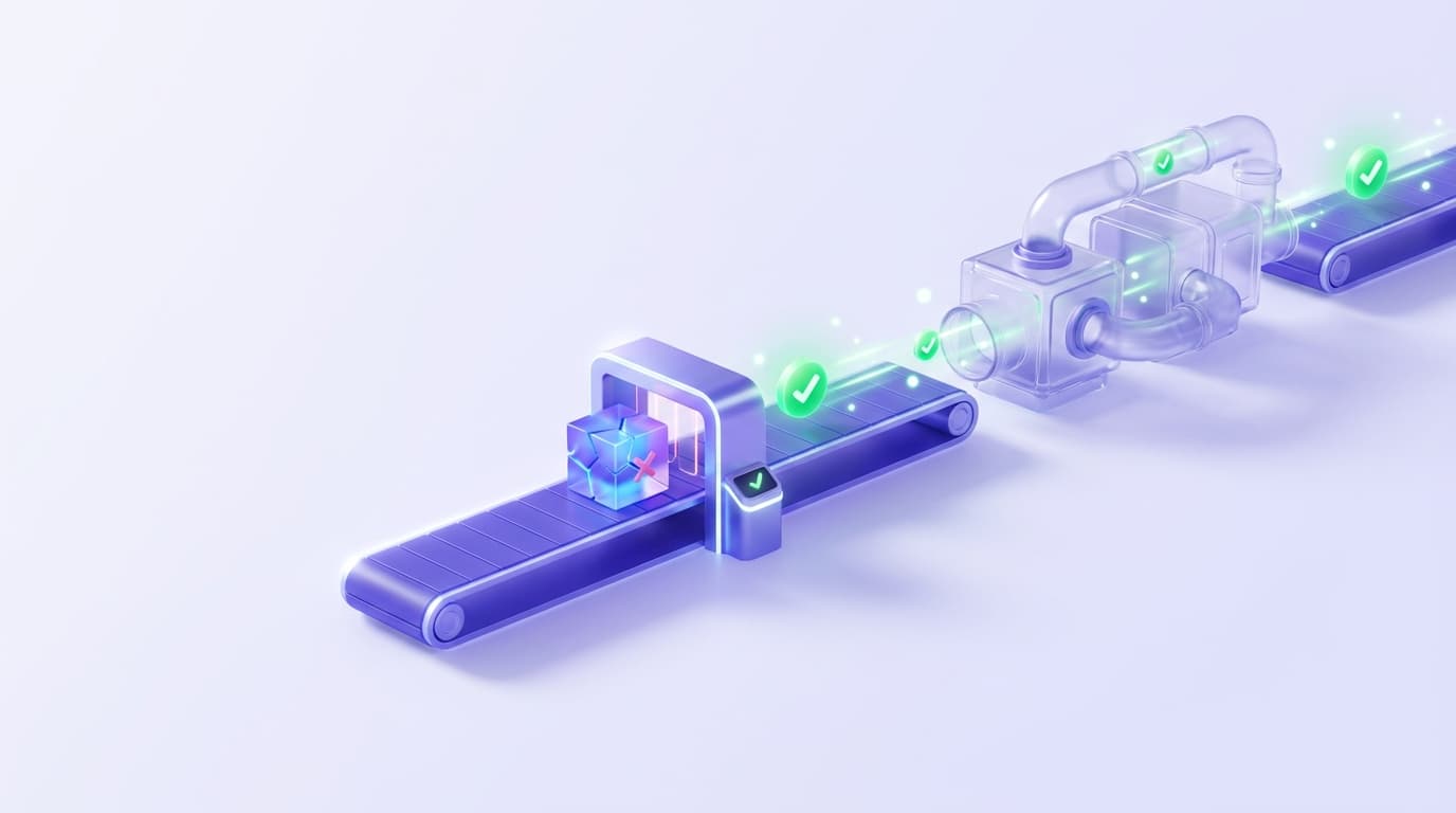Illustrated Shiplight blog cover: a small fast gate at the front of a delivery pipeline catching a broken build before the longer stages run.