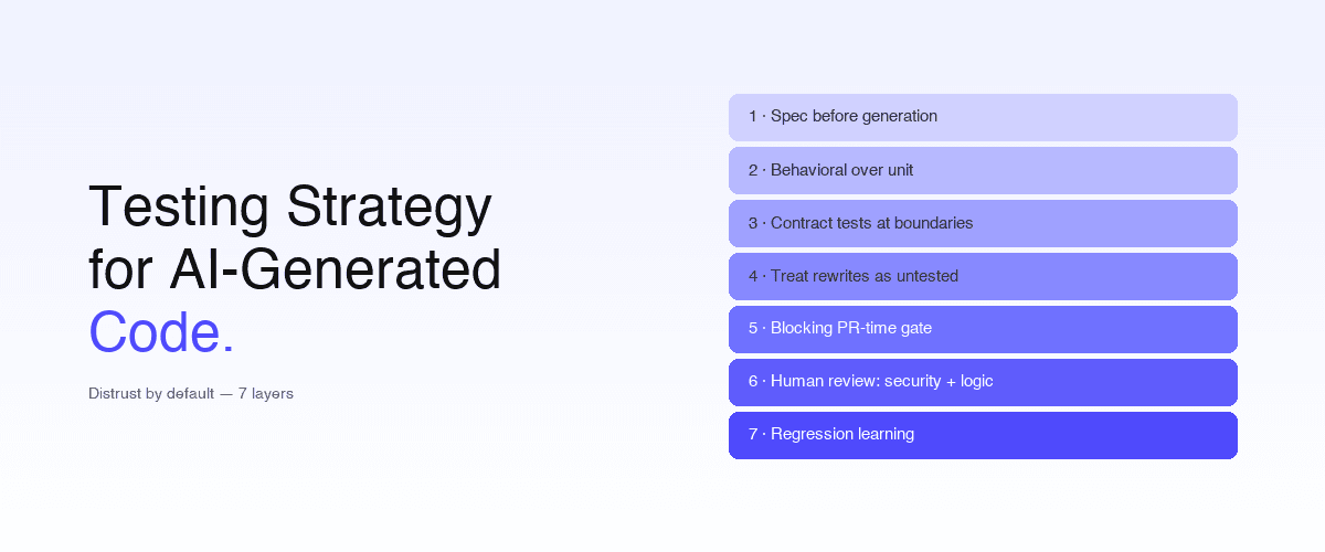 Marketing cover with the headline 'Testing Strategy for AI-Generated Code.' on the left and a 7-layer defense-in-depth stack on the right — bands ramping from light to dark indigo labeled Spec before generation, Behavioral over unit, Contract tests at boundaries, Treat rewrites as untested, Blocking PR-time gate, Human review, and Regression learning