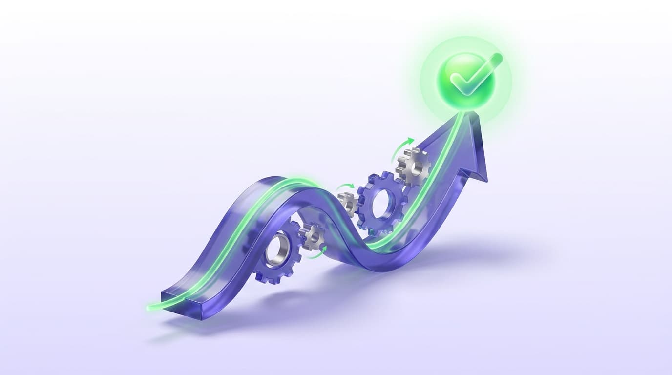 Illustrated Shiplight blog cover: a glossy upward-scaling chart of end-to-end tests with operational gears and a bright green health indicator.