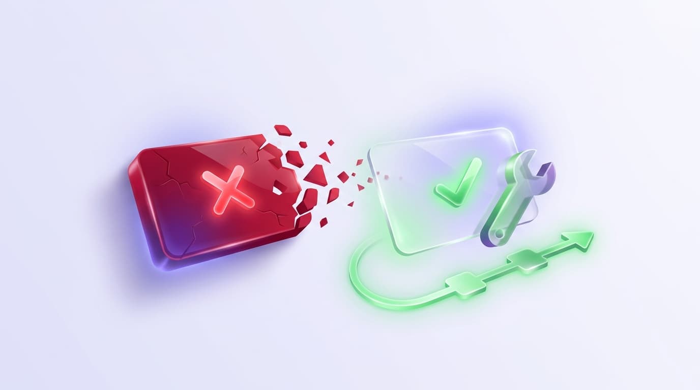Illustrated Shiplight blog cover: a glossy red end-to-end failure card transforming into a clear actionable diagnosis card with a wrench and a green next-step path.