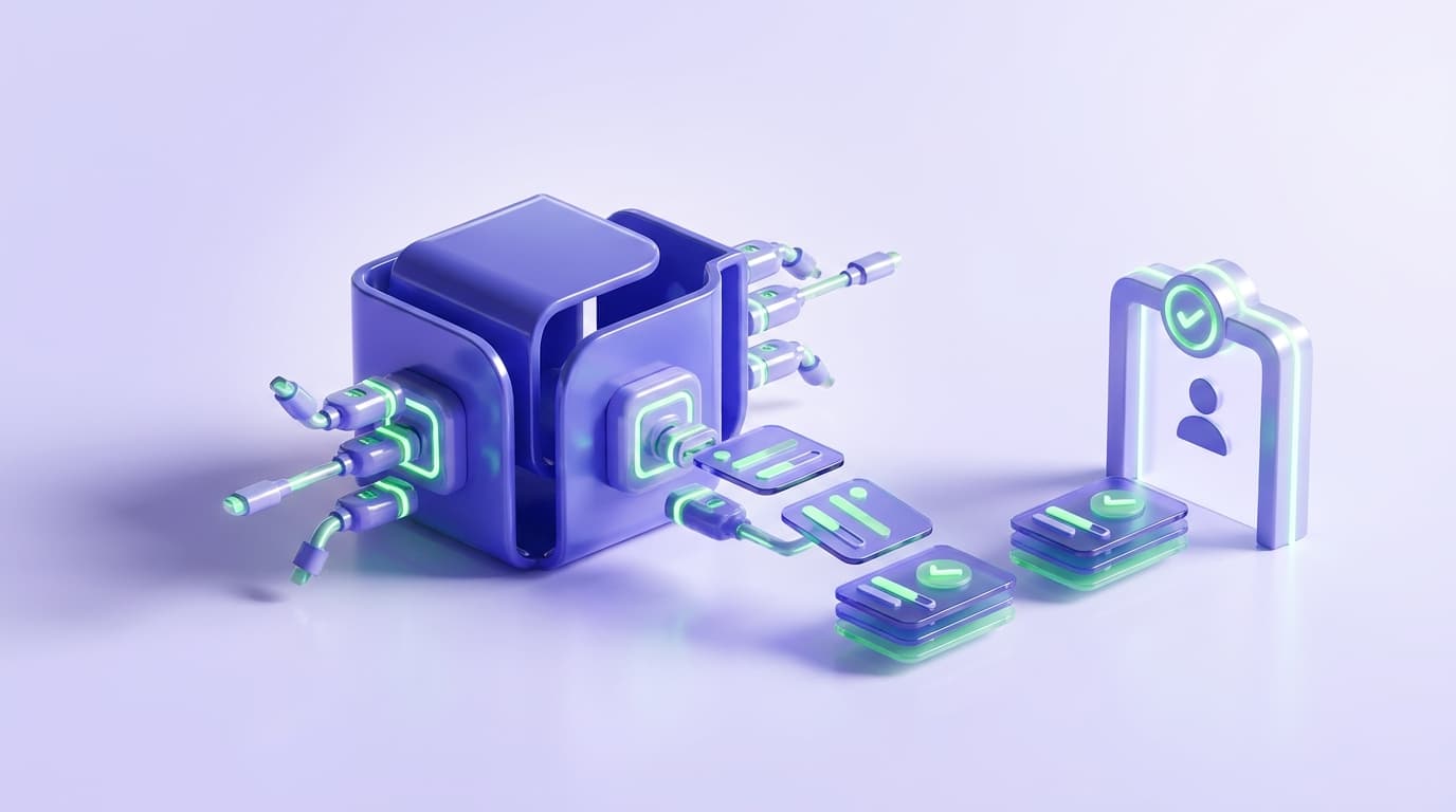 Illustrated Shiplight blog cover: a glossy software block being redesigned so its actions expose outward as callable connector ports and its outputs land as readable file cards, with a small human approval gate at the far edge.