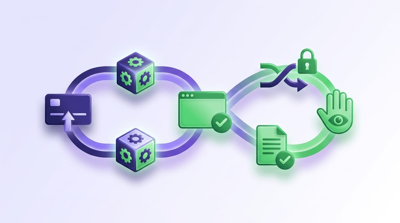 Illustrated Shiplight blog cover: a continuous glossy loop from an intent card to an agent core to a browser check to a test file to a pull request, with one human review gate on the final segment.