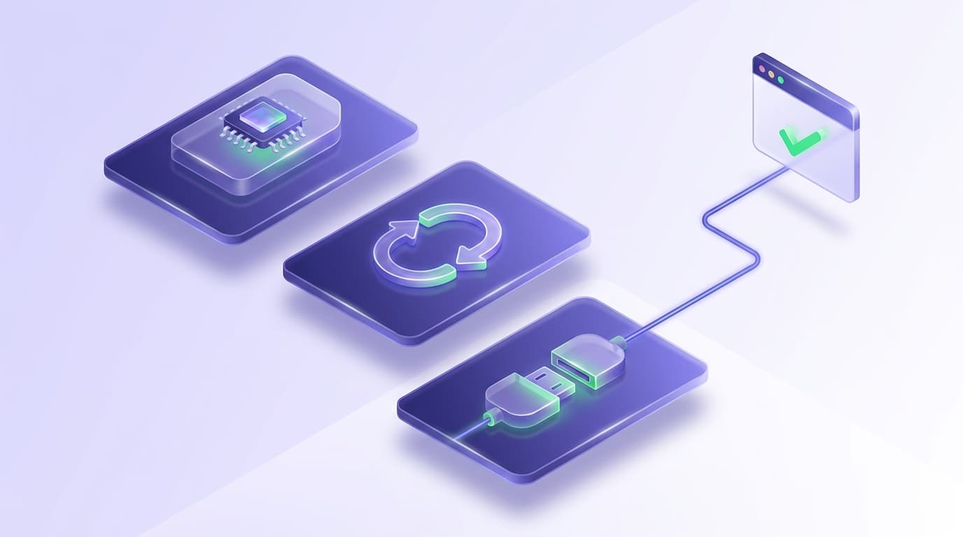Illustrated Shiplight blog cover: three glossy labeled cards on separate planes, one showing a model chip inside a product shell, one showing a closed looping arrow, one showing an open connector socket with a plug entering it, the third linked by a clean line to a small browser window bearing a bright green checkmark.