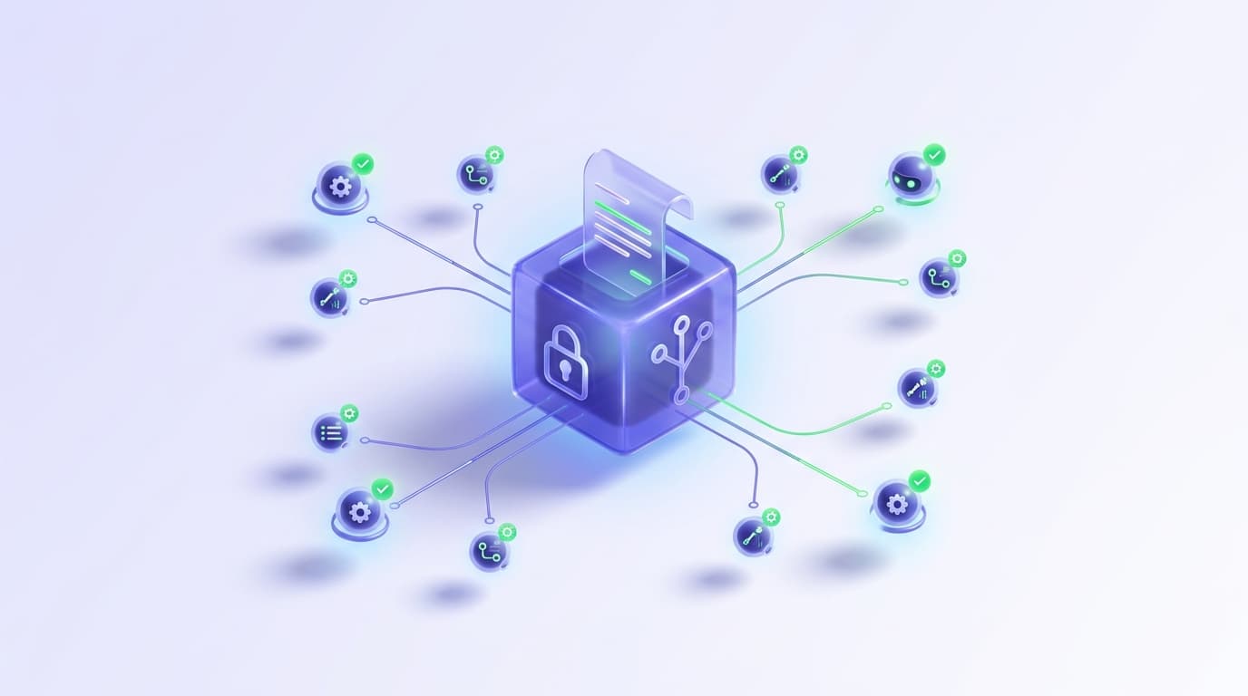 Illustrated Shiplight blog cover: a glossy instruction-contract card pinned inside a git repository block, its rules radiating as thin guide-lines to several small agent cores working around it.