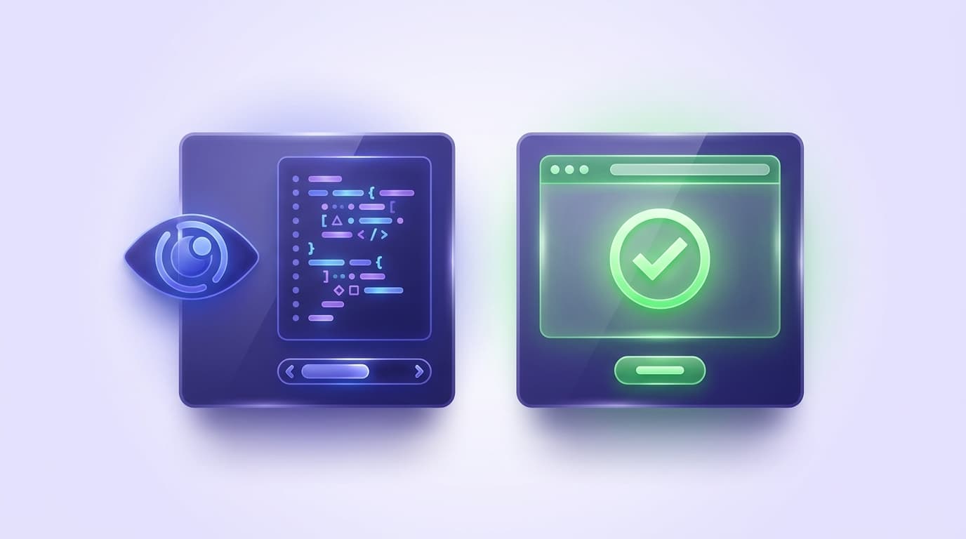Illustrated Shiplight blog cover: two glossy panels contrasted, an eye reading static code on the left in indigo, and a running browser window with a green checkmark proving behavior on the right.