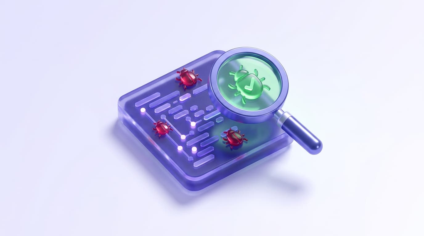 Illustrated Shiplight blog cover: a glossy block of AI-generated code with several small glossy red bug icons surfacing from it, under a magnifier.