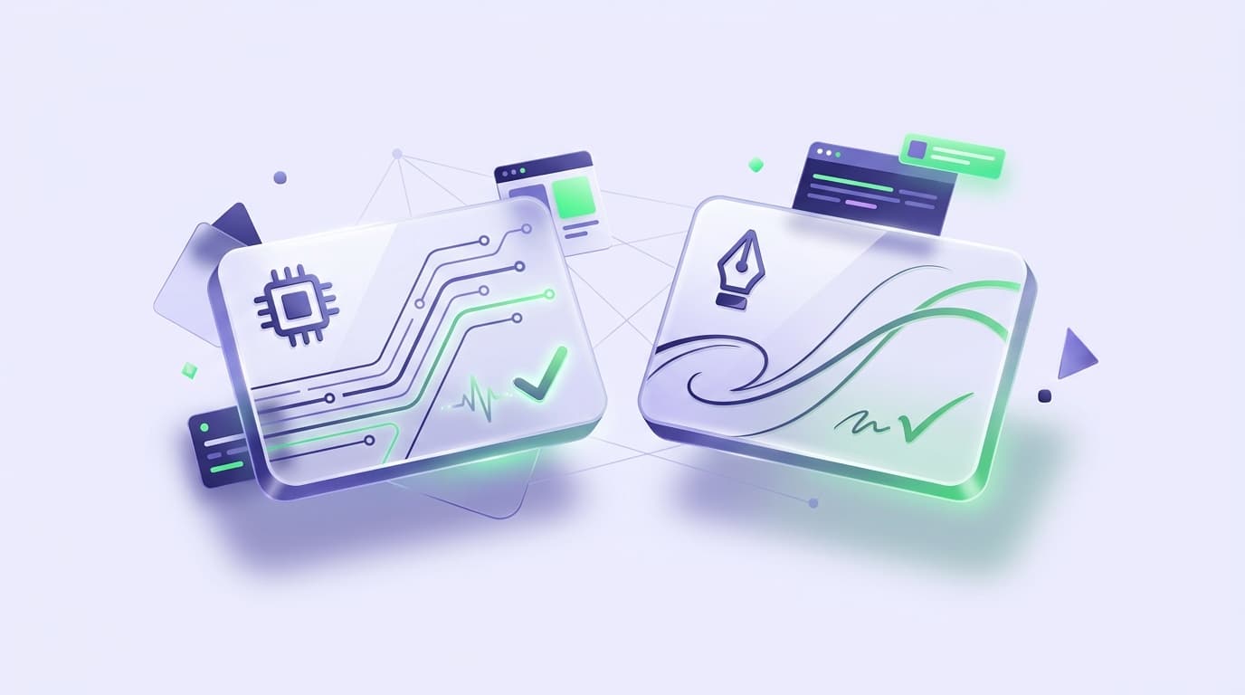 Illustrated Shiplight blog cover: two glossy test cards balanced side by side, one AI-generated marked with a chip and one hand-written marked with a pen.