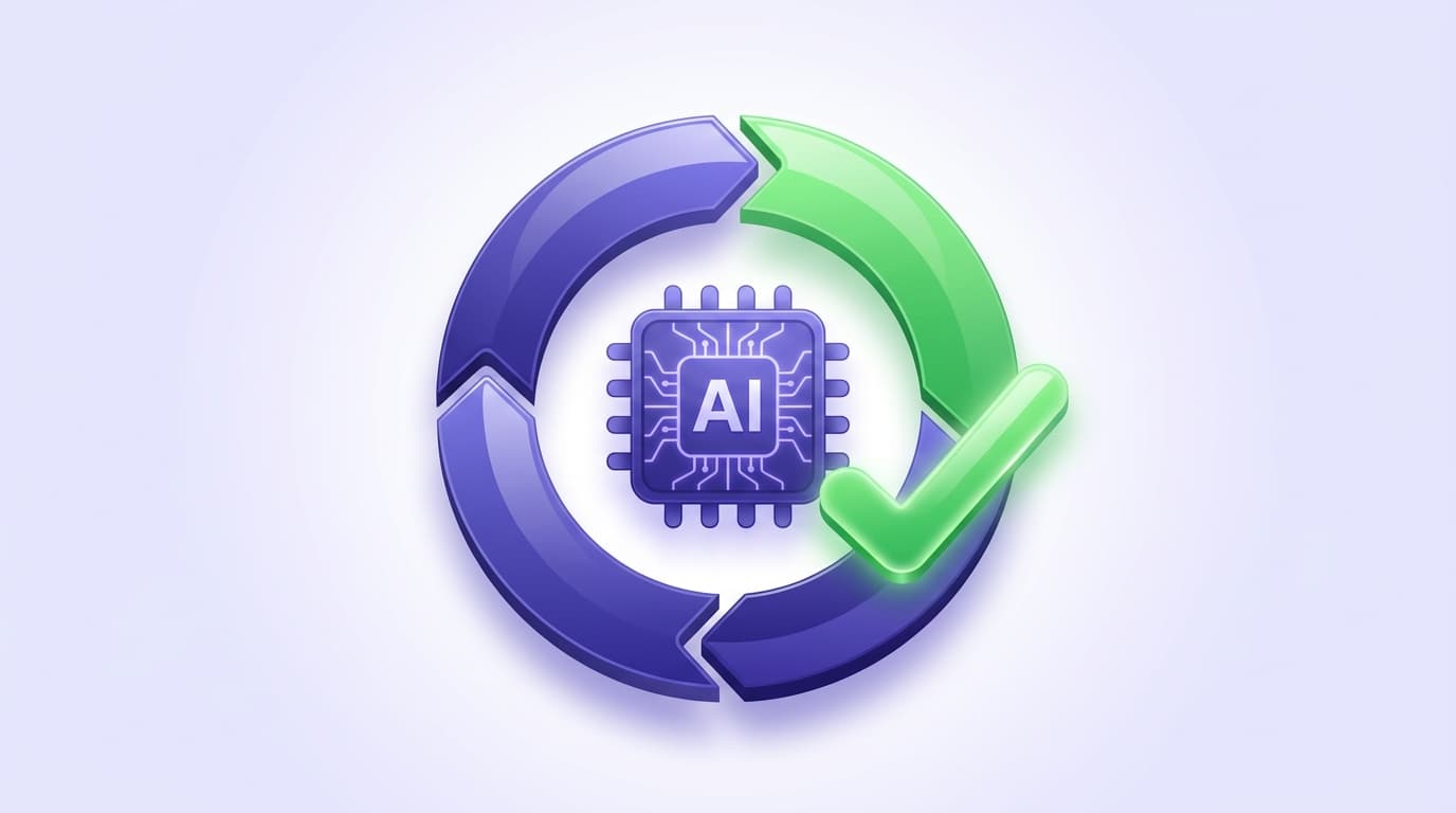 Illustrated Shiplight blog cover: a glossy circular QA feedback loop with an AI chip and a bright green checkmark closing the loop.