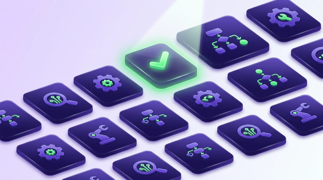 Illustrated Shiplight blog cover: a glossy grid of abstract agentic QA tool cards with a spotlight on a top pick carrying a green checkmark.