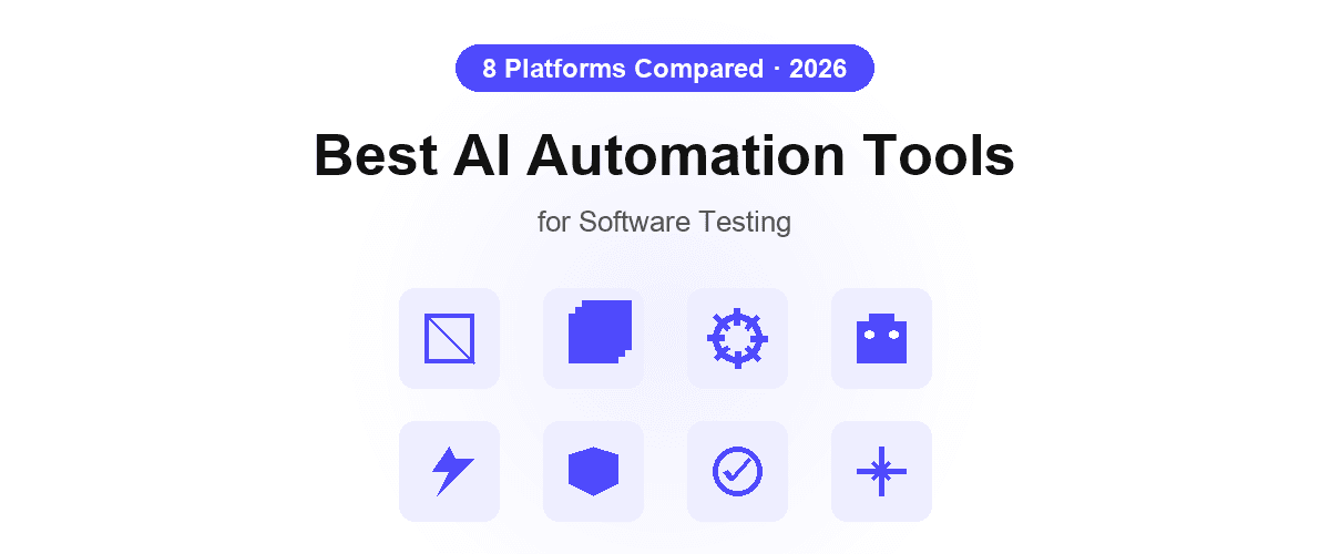 Marketing cover for 'Best AI Automation Tools for Software Testing' with a 2026 badge, hero tagline, and a 4-by-2 grid of eight abstract Shiplight indigo icon tiles representing the eight AI automation tools compared in the post