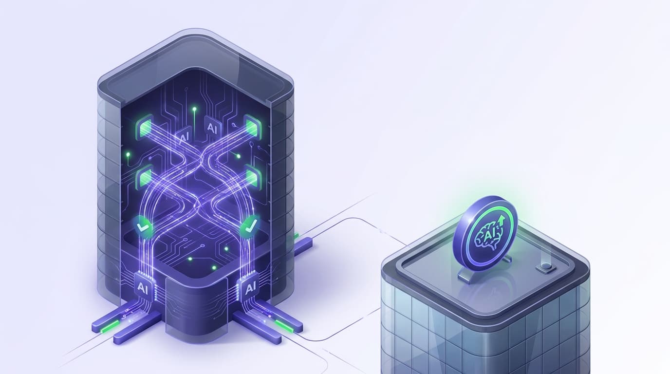 Illustrated Shiplight blog cover: a glossy building cut away to show indigo AI woven through its foundation beams, beside a second building with a small AI badge bolted onto the roof.