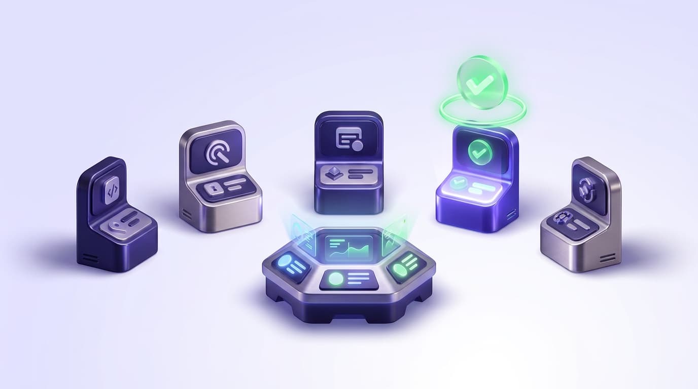 Illustrated Shiplight blog cover: five glossy tool stations arranged around a central QA workbench, one station glowing indigo with a bright green verified badge floating above it.