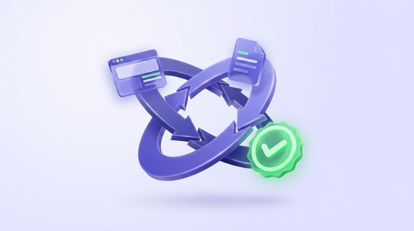 Illustrated Shiplight blog cover: a glossy circular loop of arrows running through a browser window, a test document, and a green verified checkmark, spinning with no hand touching it.