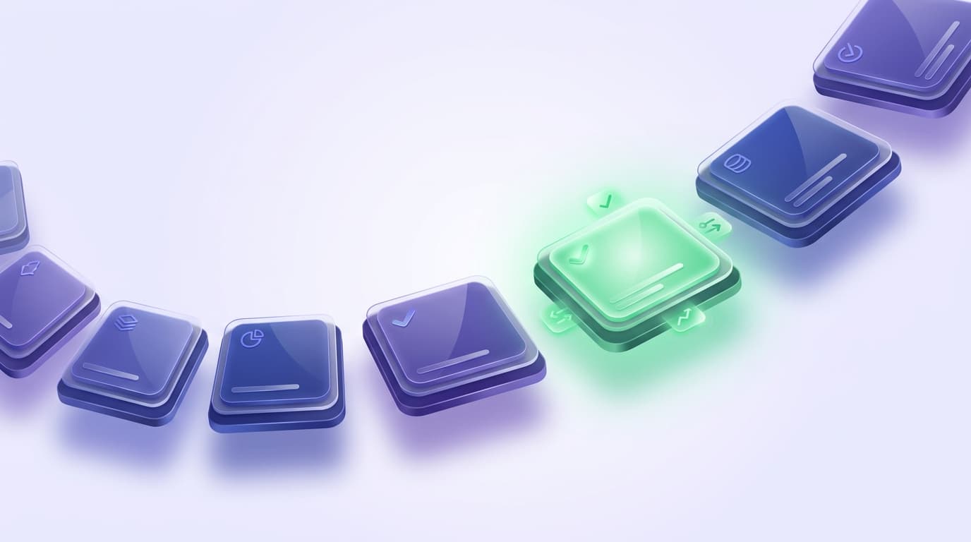 Illustrated Shiplight blog cover: a glossy set of alternative testing-platform cards arranged in an arc with one glowing green as the recommended choice.