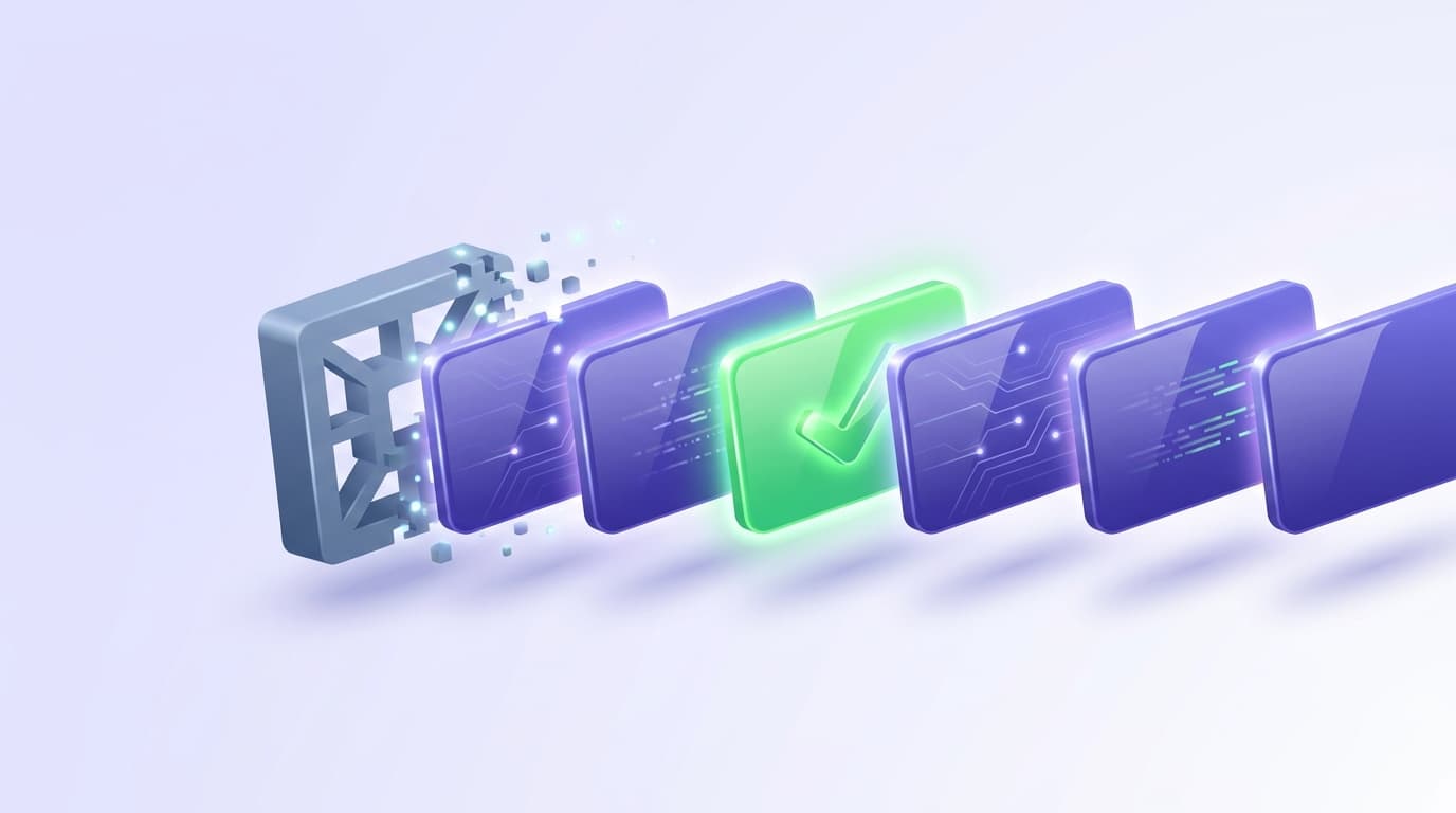 Illustrated Shiplight blog cover: a glossy row of modern testing-tool cards replacing an older framework block, one highlighted green.