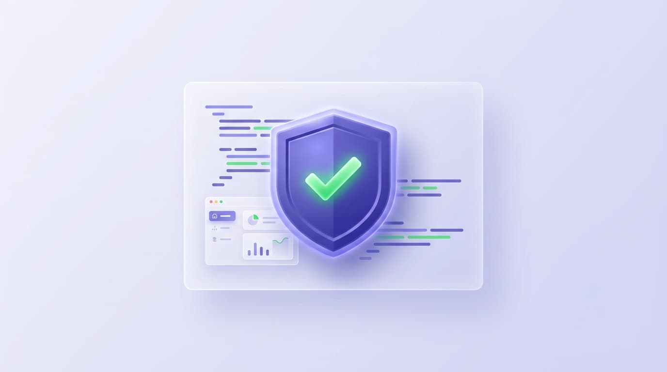 a glossy indigo verification shield with a green checkmark protecting a floating panel of AI-generated code on a soft lavender background.