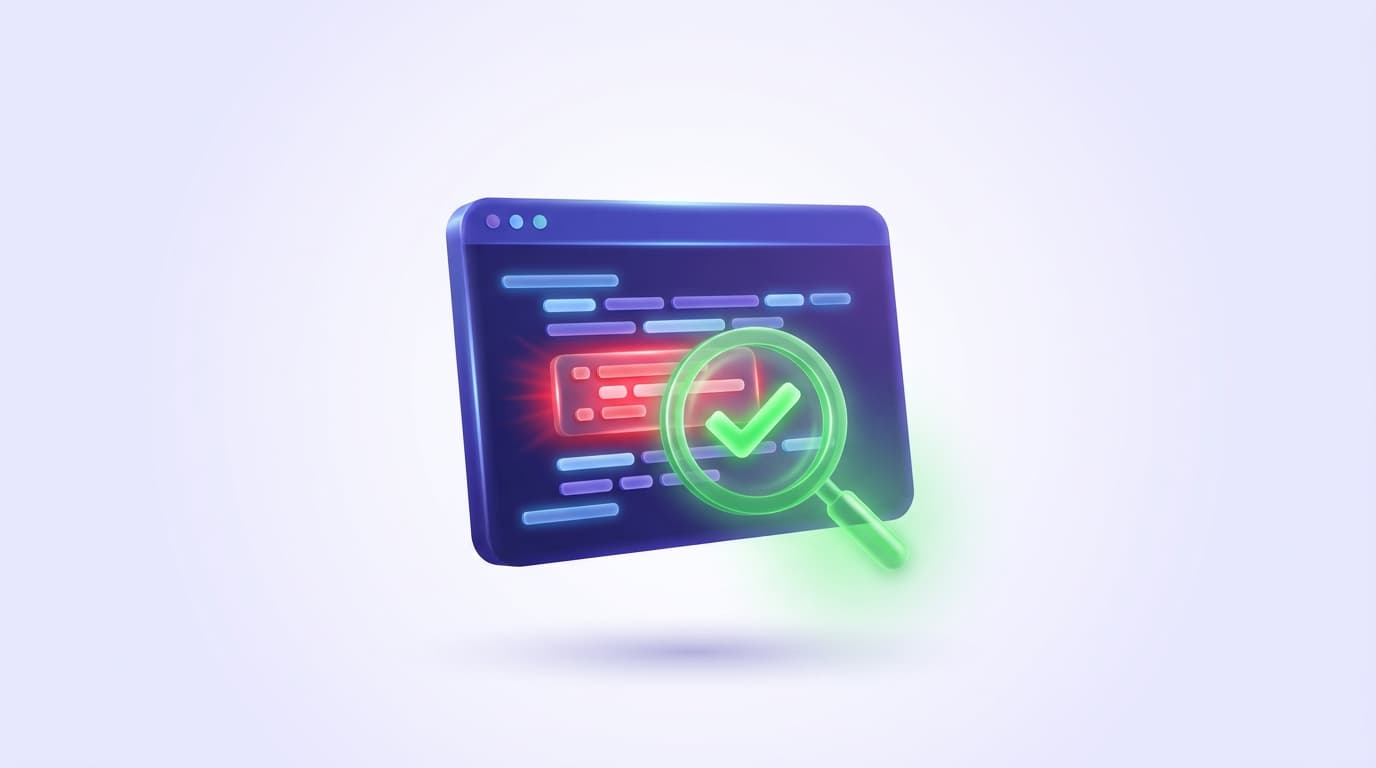Illustrated Shiplight blog cover: a glossy code window where one fabricated hallucinated element glows red and is caught by a green verification checkmark magnifier.