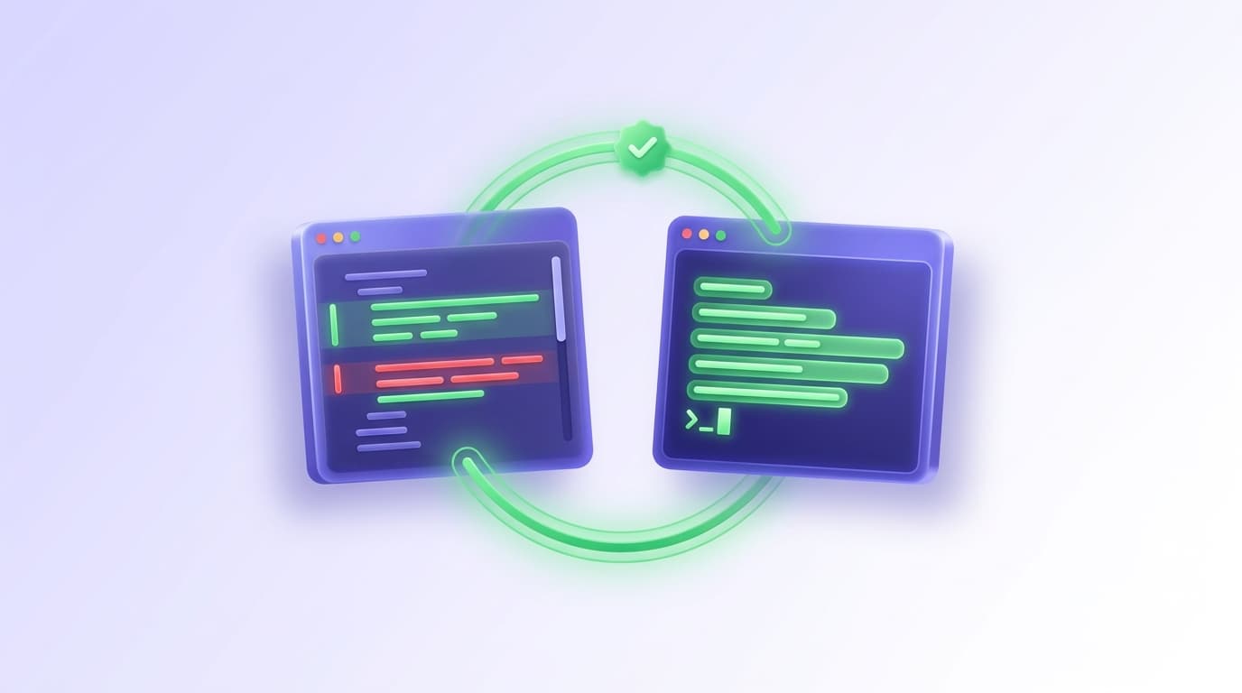 Illustrated Shiplight blog cover: a glossy code editor window with visible inline diffs beside an autonomous terminal agent window, linked by a glowing verification loop.
