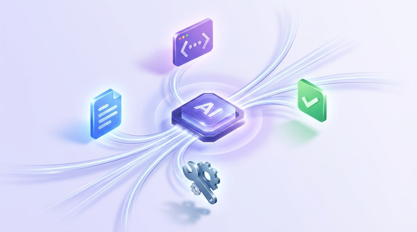 context sources - a document, a code window, tools, and a green test checkmark - streaming into a bright central AI chip.