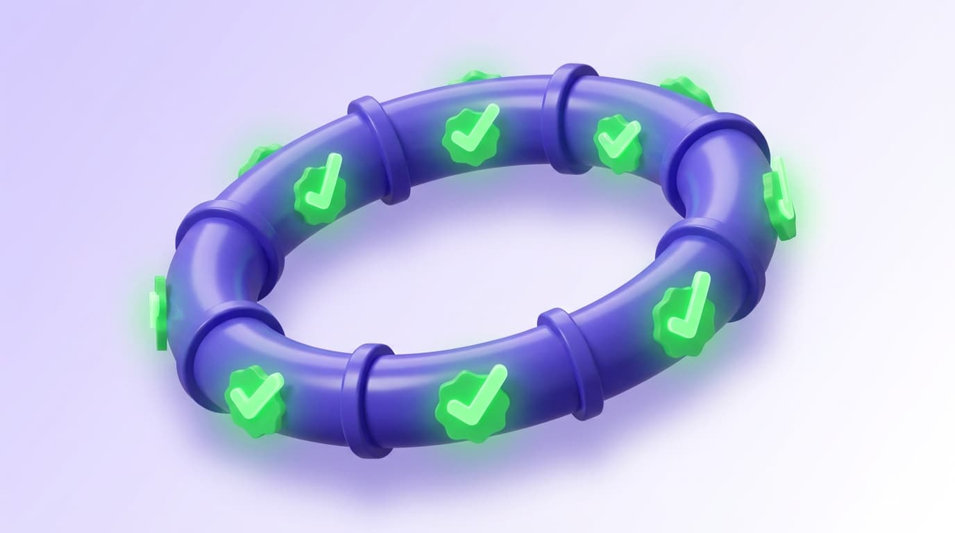 Illustrated Shiplight blog cover: a glossy continuous pipeline ring with a repeating bright green verification checkmark stamp at each point of the cycle.