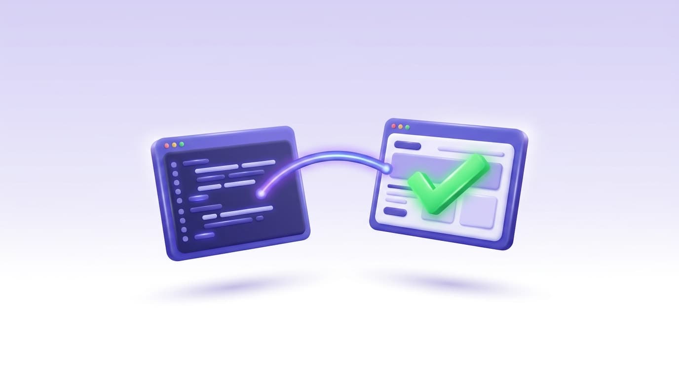 Illustrated Shiplight blog cover: a glossy code editor window connected by a glowing link to a browser window being verified with a bright green checkmark.