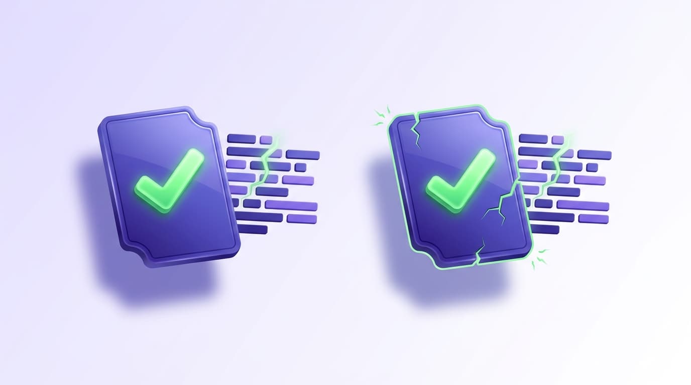 Illustrated Shiplight blog cover: a glossy test card stamped with a bright green checkmark while a small crack in the code block beside it goes unnoticed, and a second card catching the same crack.