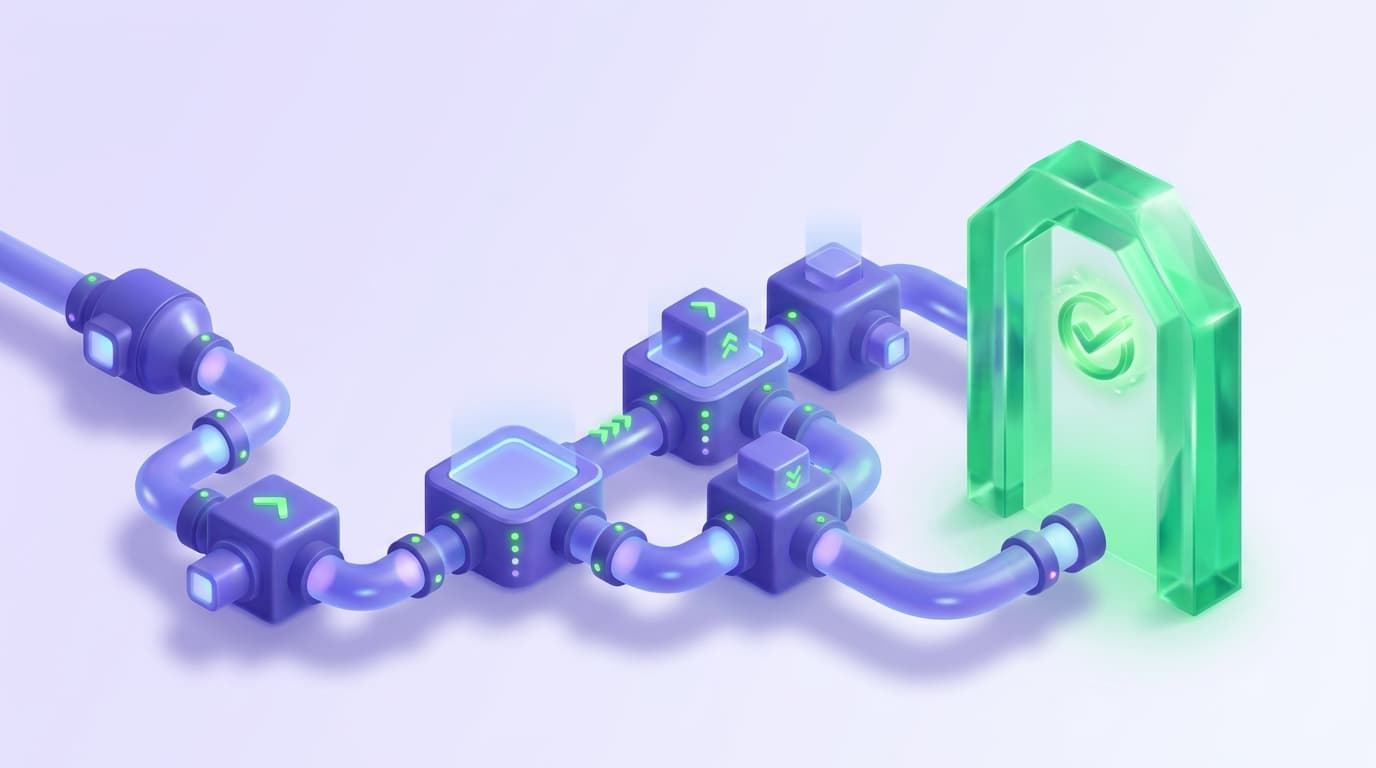 Illustrated Shiplight blog cover: a glossy CI/CD pipeline with end-to-end test stages and a bright green passing gate.