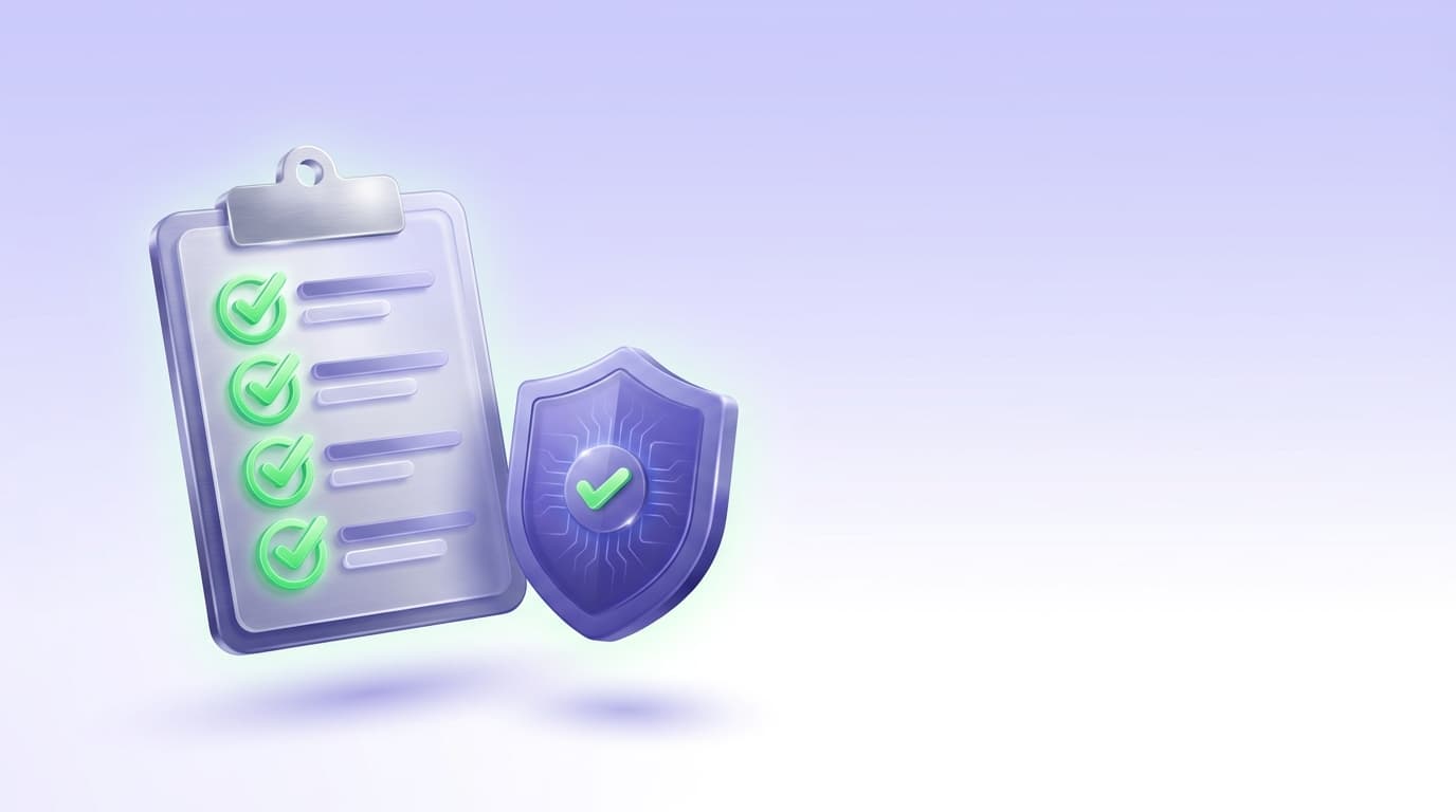 Illustrated Shiplight blog cover: a glossy enterprise checklist clipboard with bright green checkmarks next to a protective indigo shield.