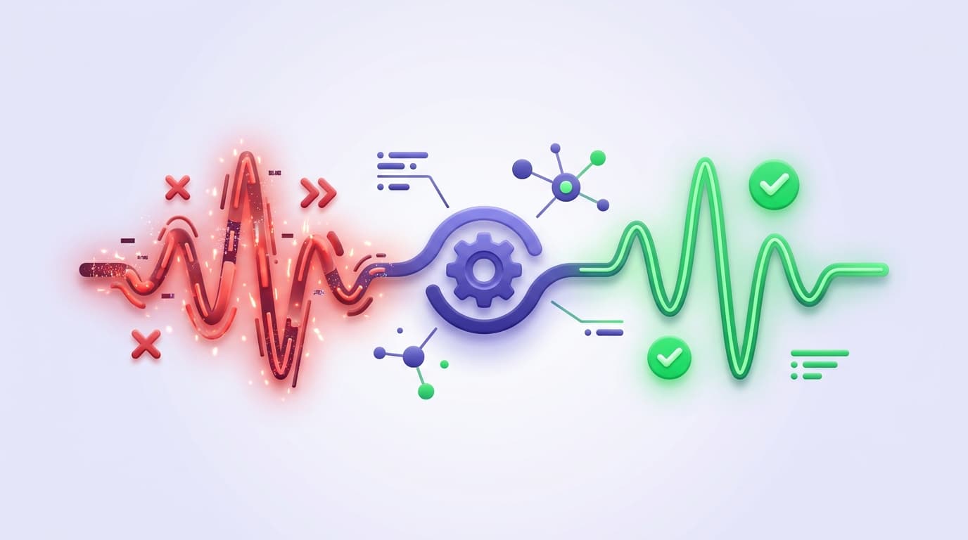 Illustrated Shiplight blog cover: a glossy noisy flickering red test waveform being cleaned into a stable calm green signal.