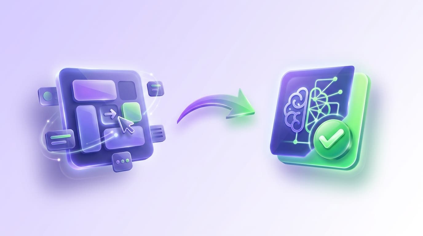 Illustrated Shiplight blog cover: a glossy no-code drag-and-drop test builder on the left transitioning along a smooth arrow into an AI-native intent-driven test with a bright green checkmark on the right.
