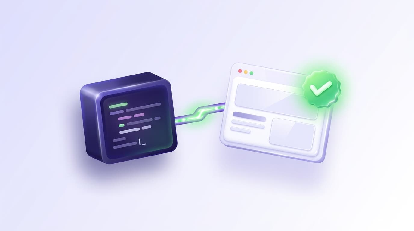Illustrated Shiplight blog cover: a glossy dark terminal command-line window connected by a glowing link to a browser window verified with a bright green checkmark.