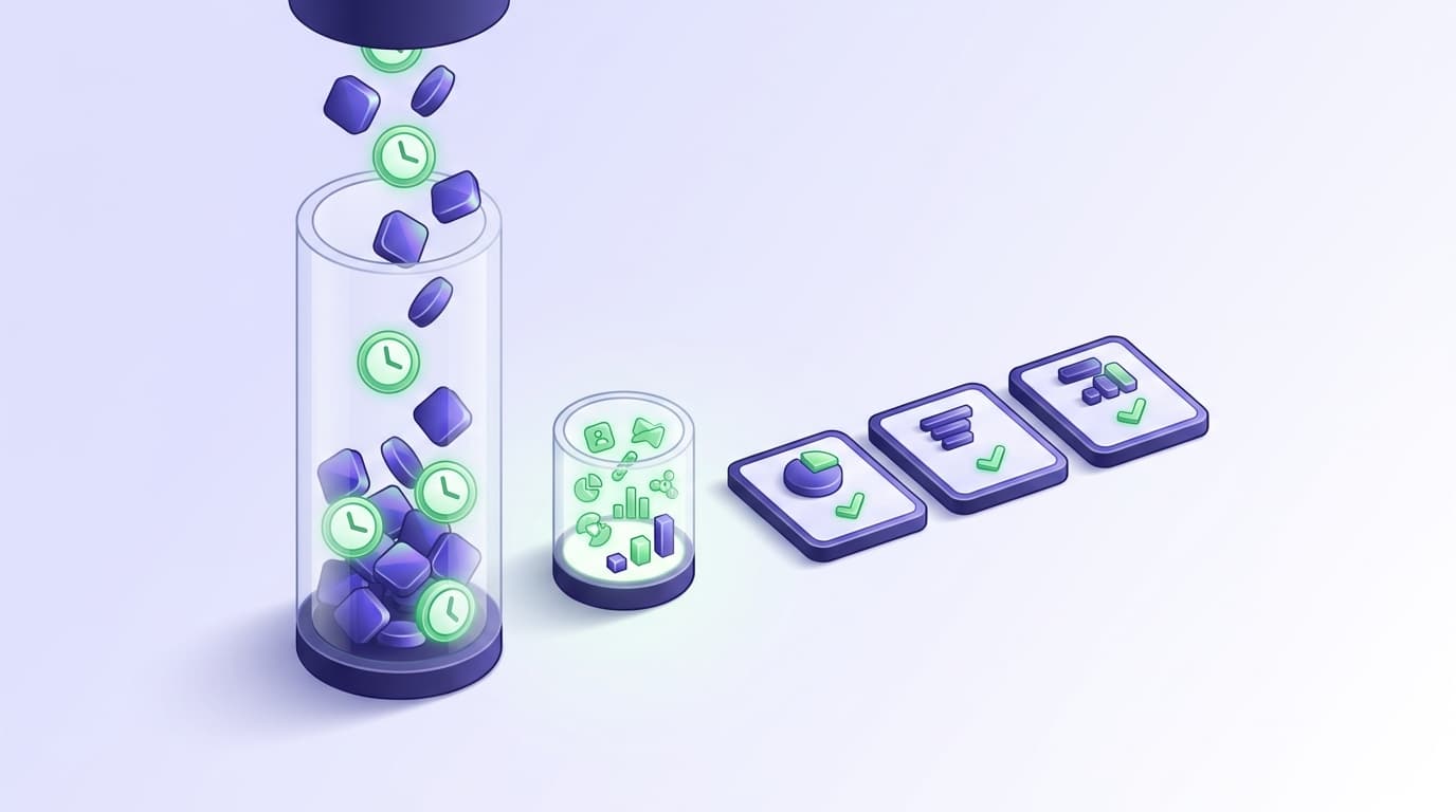 Illustrated Shiplight blog cover: a transparent glass usage meter filling with glowing minutes and tokens, feeding a small readable total beside three tidy plan cards.