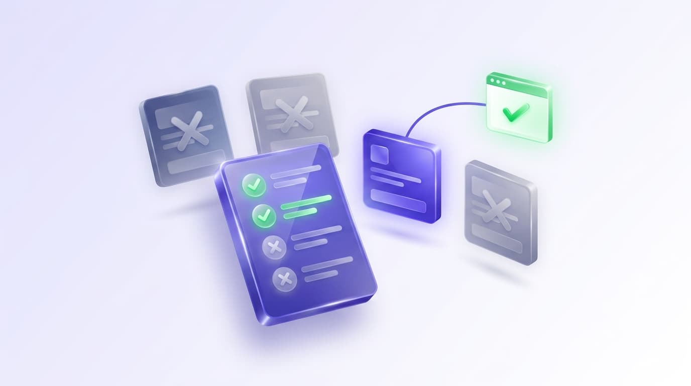 Illustrated Shiplight blog cover: a glossy checklist card floating in front of five vendor cards, three of them faded and marked with soft grey crosses, one connected by a clean line to a small browser window bearing a bright green checkmark.