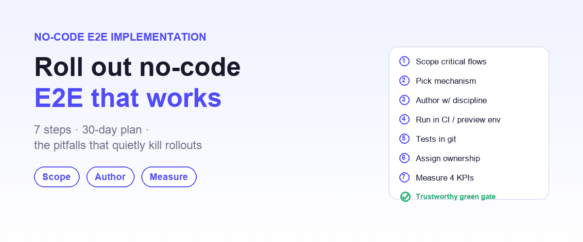 A 7-step no-code E2E rollout checklist transitioning a brittle scripted suite into a self-healing CI-gated pipeline
